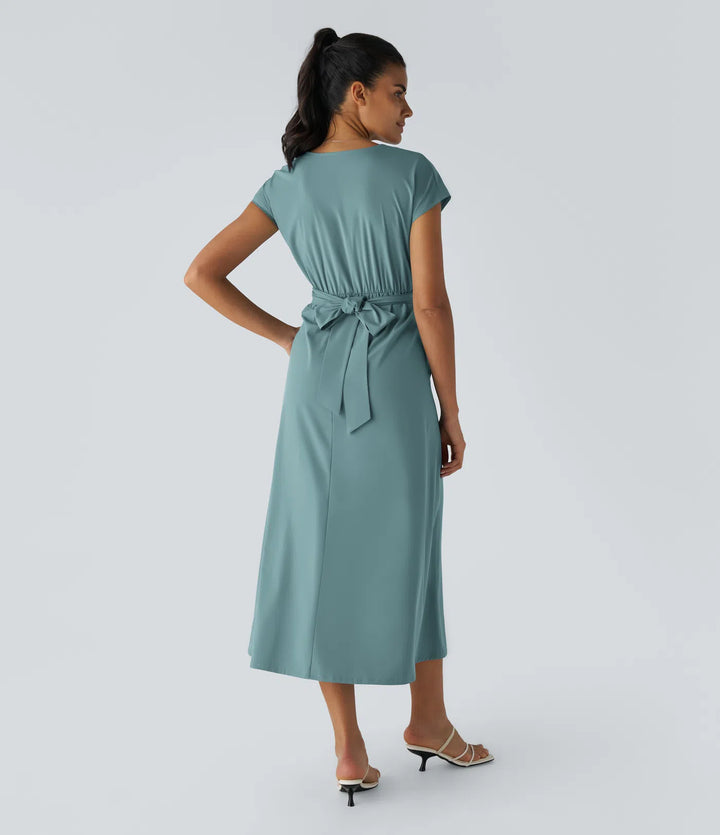 Breezeful V Neck Short Sleeve Pocket Tie Back Quick Dry Midi Casual Dress-Longer Length