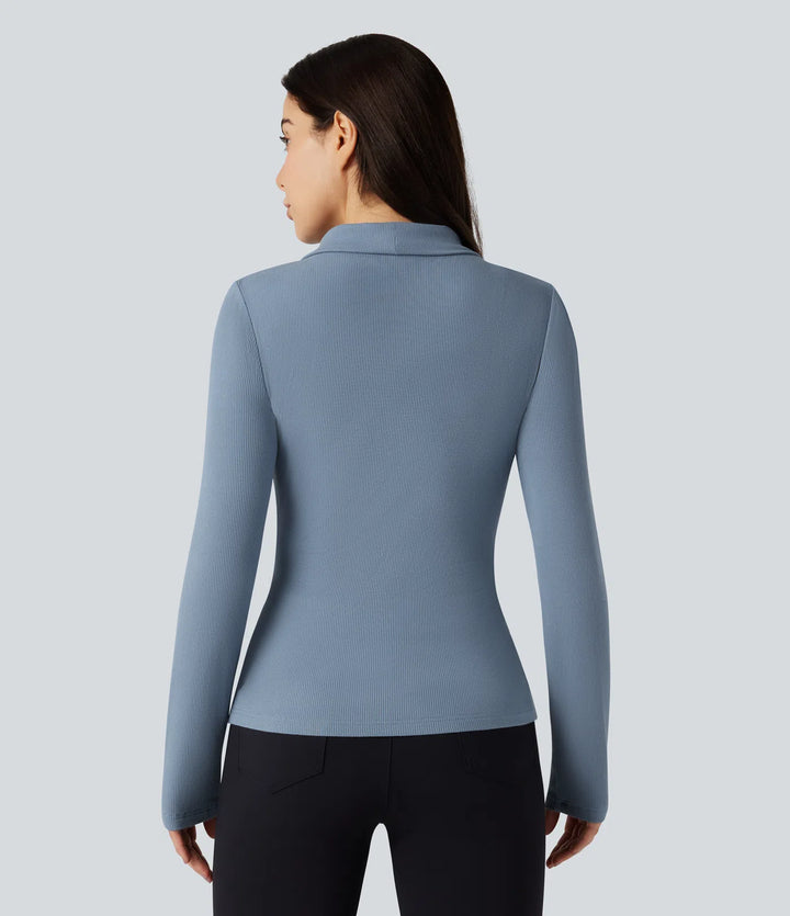 Ribbed Knit V-neck Crossover Long Sleeve Work Top