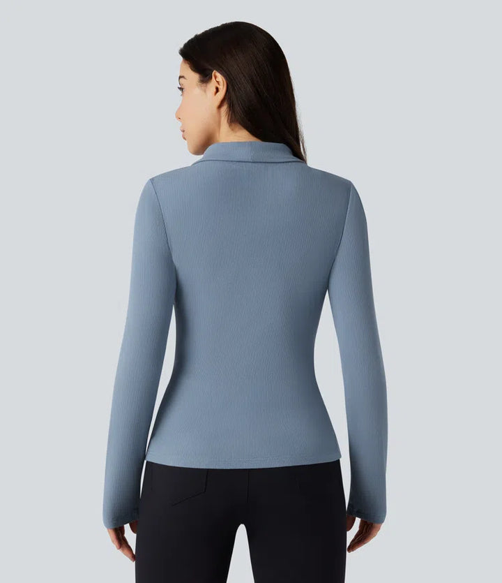 Ribbed Knit V-neck Crossover Long Sleeve Work Top