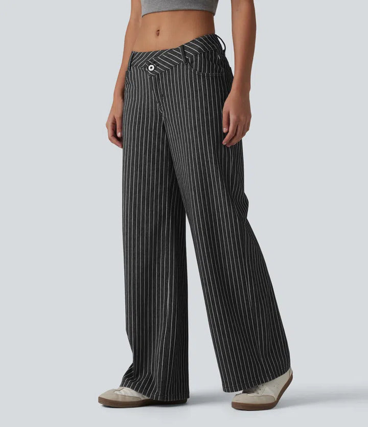 Halara Flex Asymmetric Low Rise Wide Leg Stripe Work Jeans with Pockets