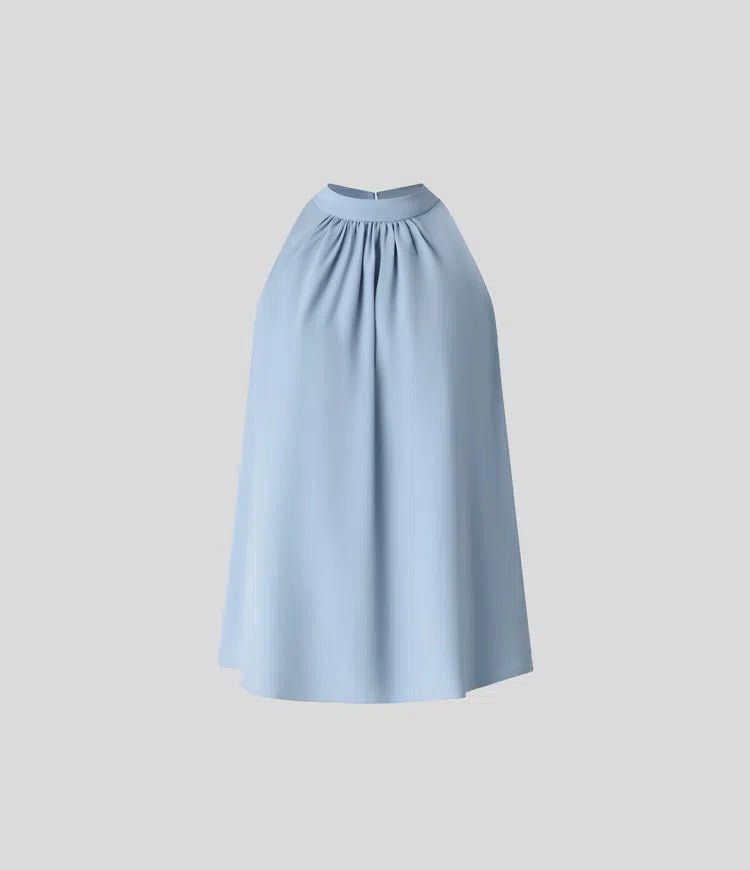 Keyhole Back Halter Sleeveless Curved Hem Work Blouse