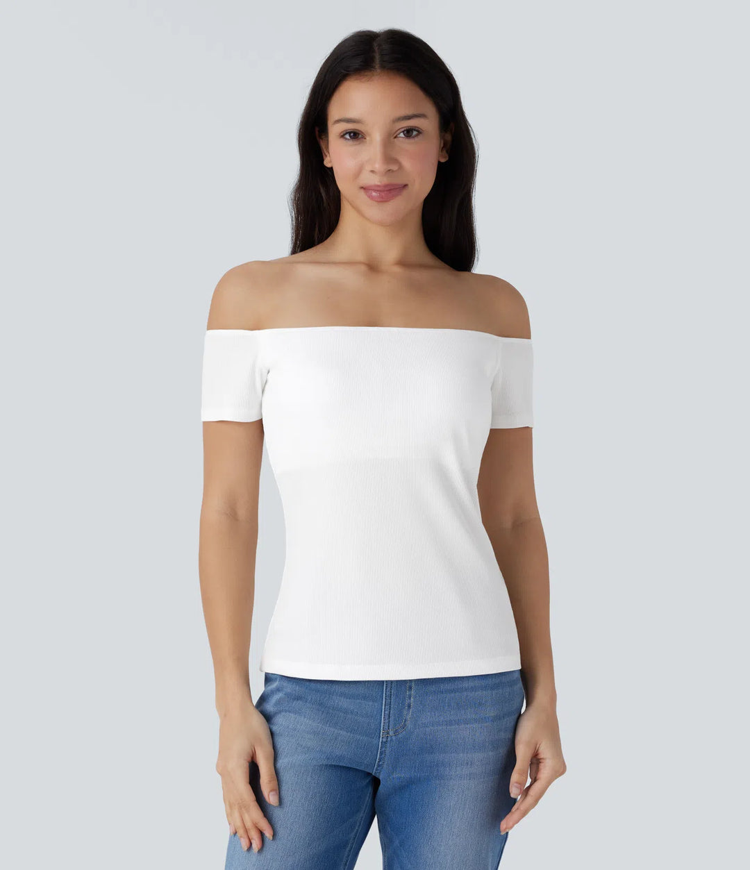 Ribbed Knit Off Shoulder Short Sleeve 2-in-1 Casual Top