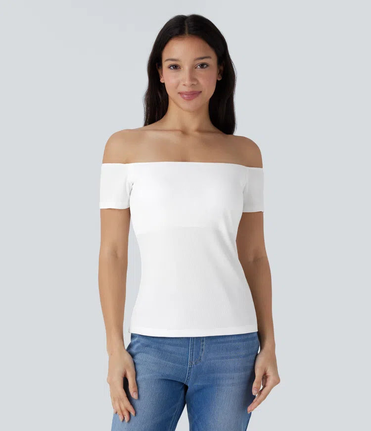 Ribbed Knit Off Shoulder Short Sleeve 2-in-1 Casual Top