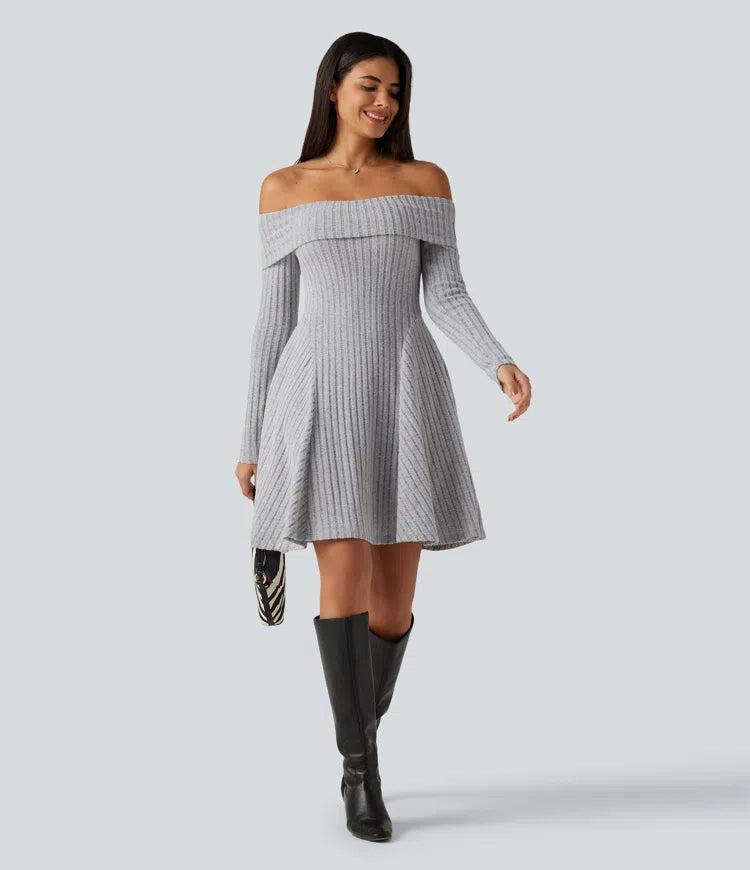 Ribbed Knit Off Shoulder Long Sleeve Built-in Bra Mini Casual Dress with Pockets