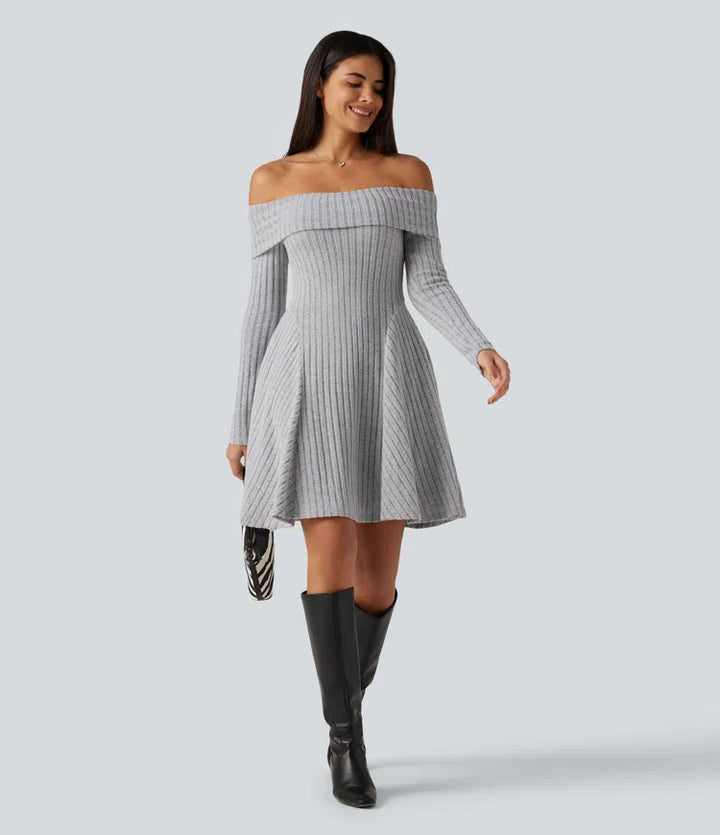 Ribbed Knit Off Shoulder Long Sleeve Built-in Bra Mini Casual Dress with Pockets