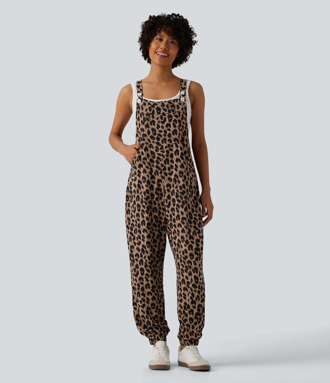 Adjustable Straps Leopard Print Waffle Casual Jogger Overalls with Pockets