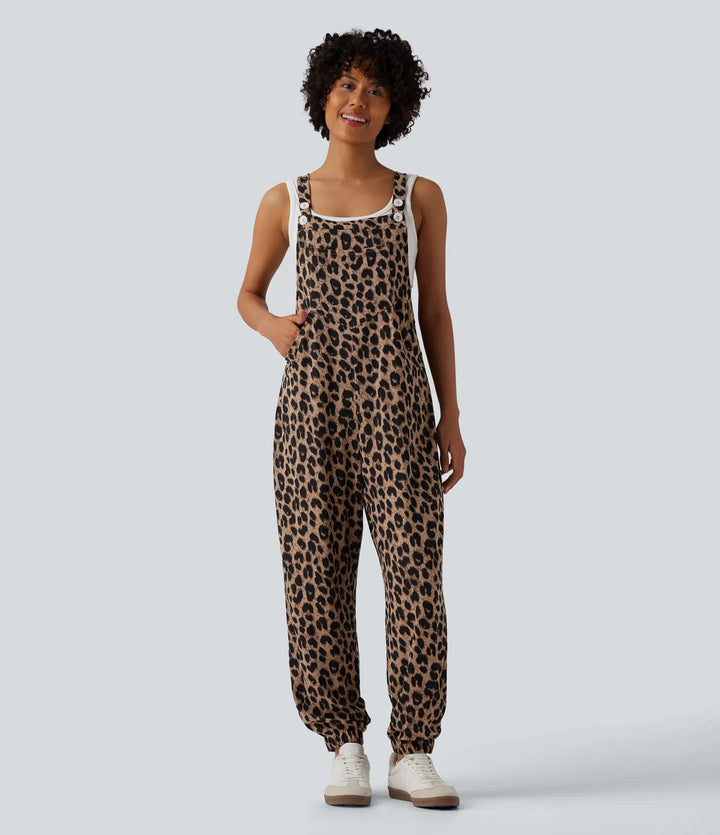 Adjustable Straps Leopard Print Waffle Casual Jogger Overalls with Pockets