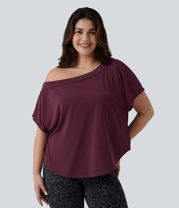 Plus Size One Shoulder Short Sleeve Curved Hem Quick Dry Yoga Sports Top with Built-in Bra