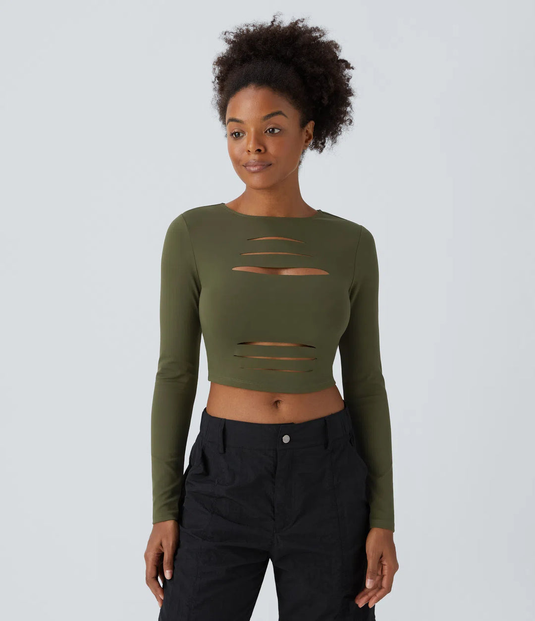 DayStretch Round Neck Long Sleeve Cut Out Ripped Skinny Cropped Casual Top