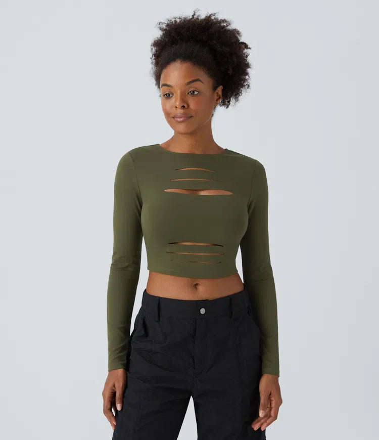 DayStretch Round Neck Long Sleeve Cut Out Ripped Skinny Cropped Casual Top