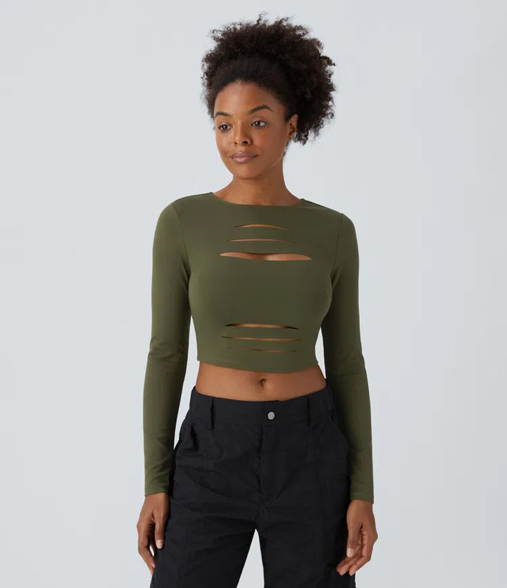 DayStretch Round Neck Long Sleeve Cut Out Ripped Skinny Cropped Casual Top