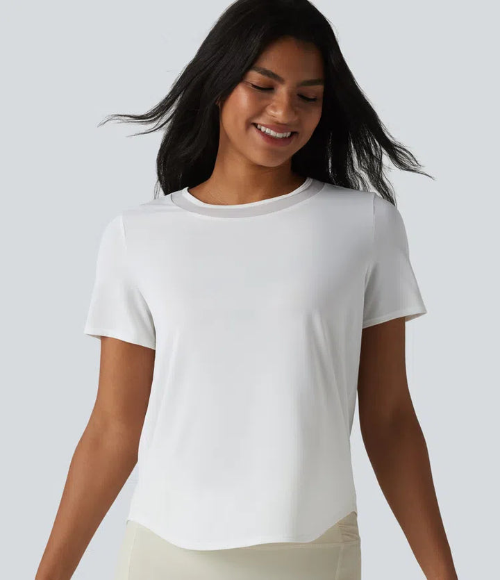 Round Neck Short Sleeve Contrast Mesh Curved Hem Running Sports Top