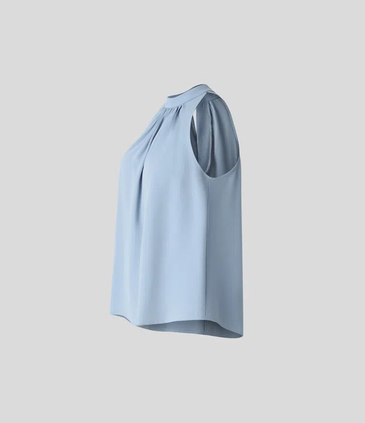 Keyhole Back Halter Sleeveless Curved Hem Work Blouse