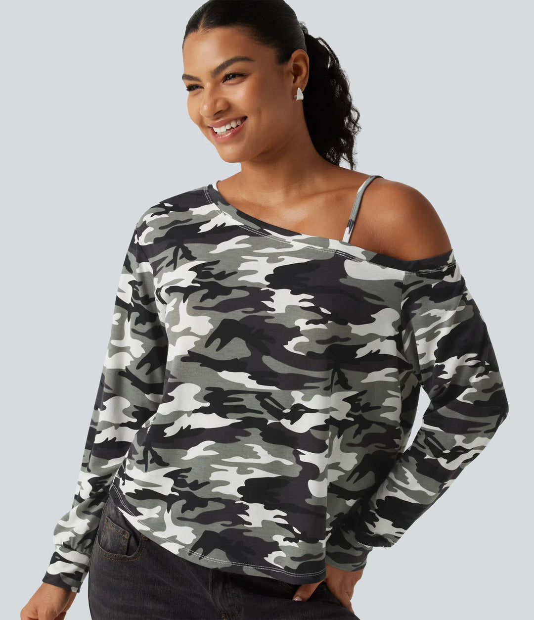 One Shoulder Long Sleeve Camo Casual Top
