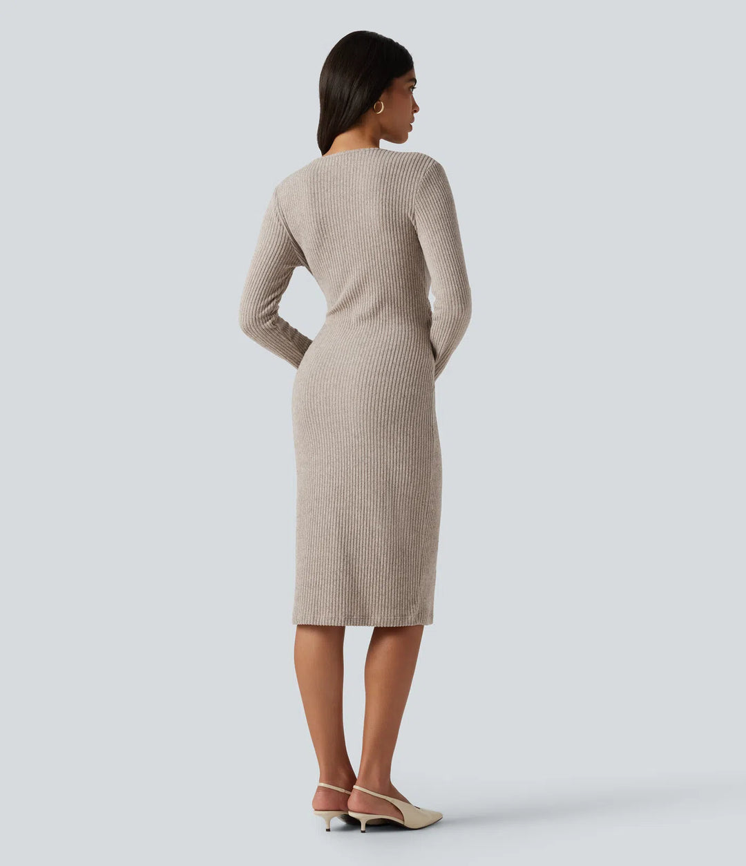 Ribbed Knit V Neck Long Sleeve Bodycon Midi Casual Dress