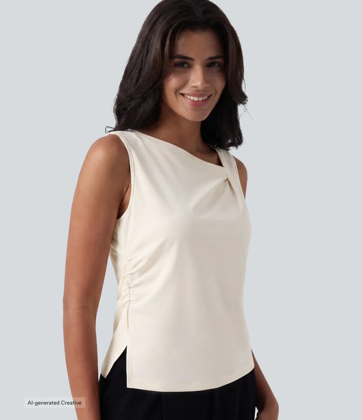 Asymmetric Cowl Neck Sleeveless Ruched Split Hem Work Top