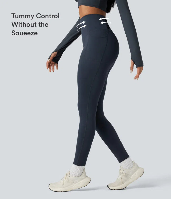 Halara Ultrasculpt Heat High Waisted Tummy Control Crossover Back Fleece Running Leggings with Pockets