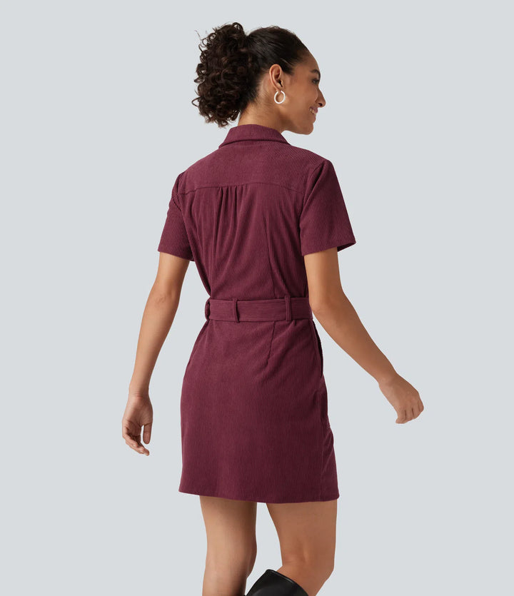 Short Sleeve Belted Corduroy Mini Casual Dress with Pockets