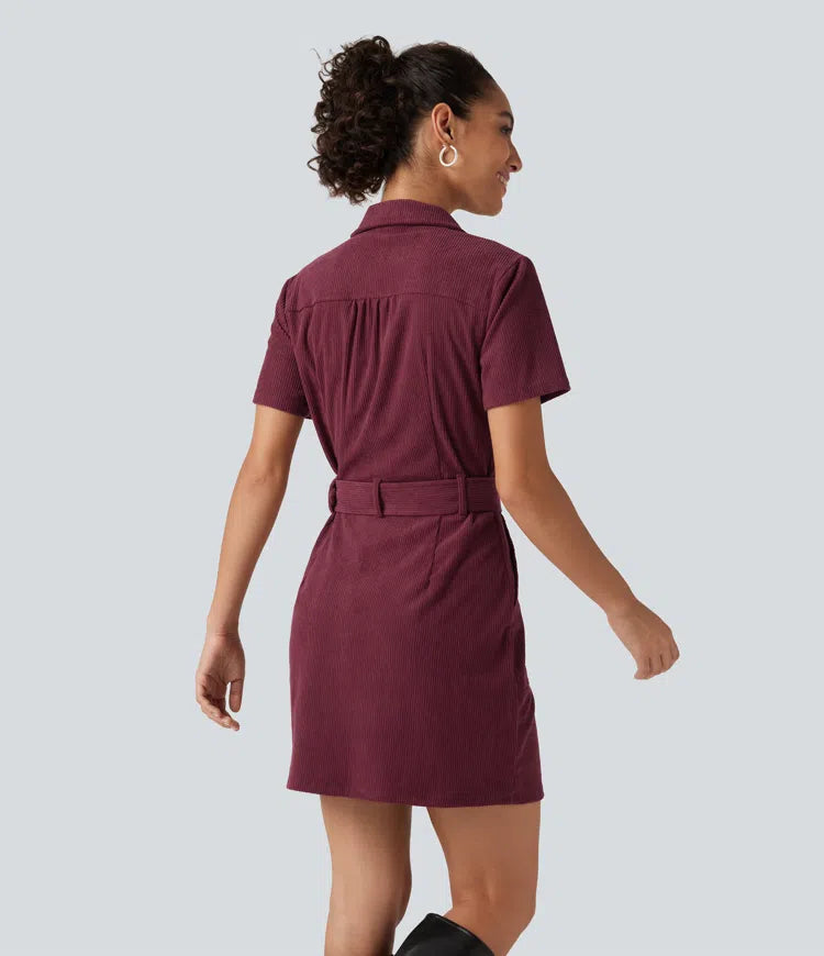 Short Sleeve Belted Corduroy Mini Casual Dress with Pockets
