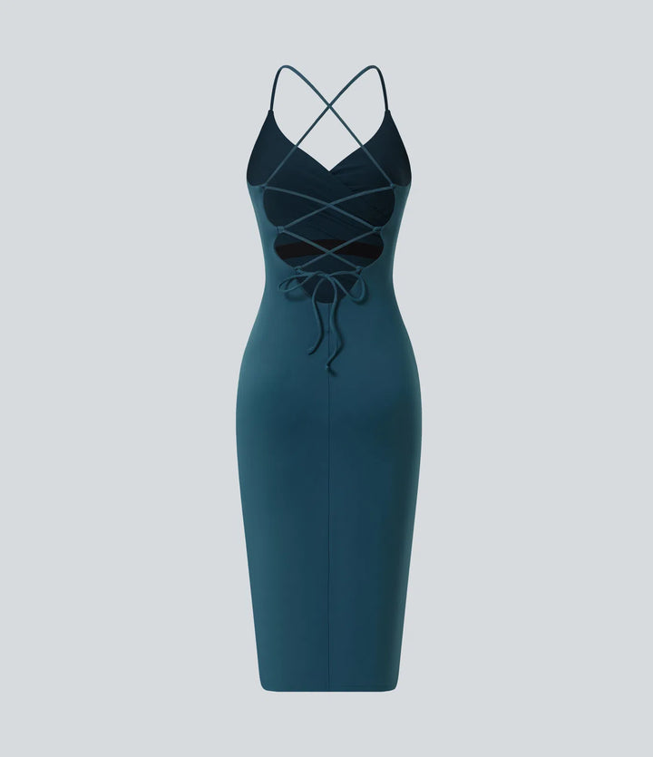SoftlyZero Airy Crossover Ruched Lace Up Bodycon InstantCool Dress