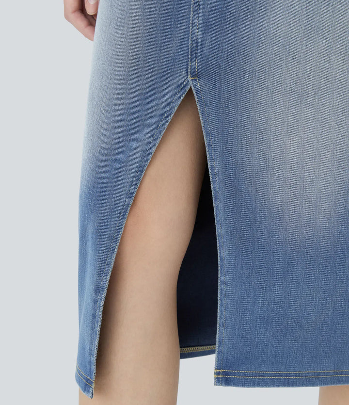 Halara Flex High Waisted Pockets Bodycon Washed Denim Casual Midi Skirt