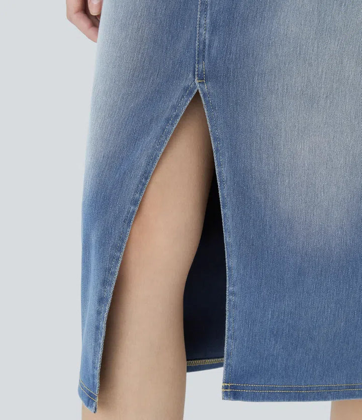 Halara Flex High Waisted Pockets Bodycon Washed Denim Casual Midi Skirt