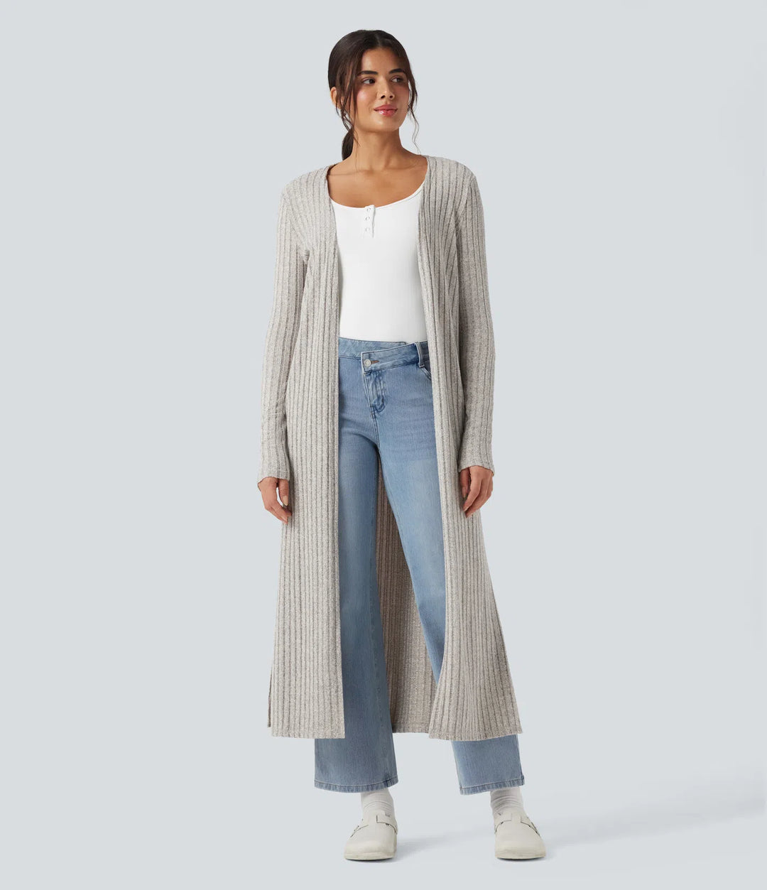 Ribbed Knit Long Sleeve Split Casual Longline Cardigan