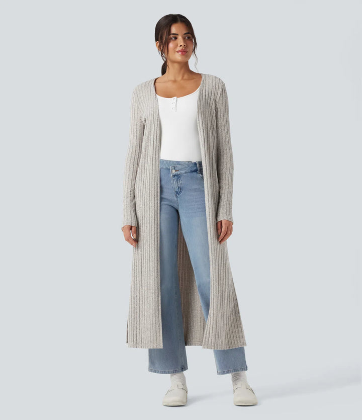 Ribbed Knit Long Sleeve Split Casual Longline Cardigan
