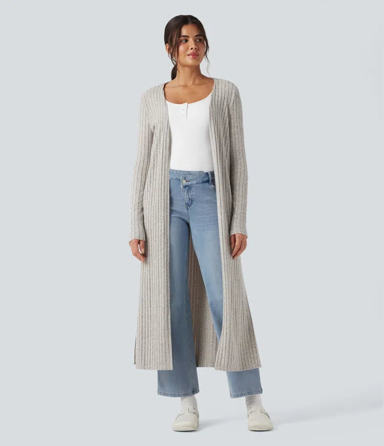 Ribbed Knit Long Sleeve Split Casual Longline Cardigan
