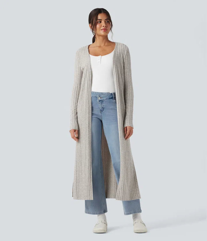 Ribbed Knit Long Sleeve Split Casual Longline Cardigan