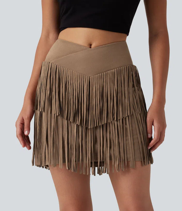 Crossover High Waisted 2-in-1 Fringe Hem Bodycon Mini Suede Party Skirt-Longer Length