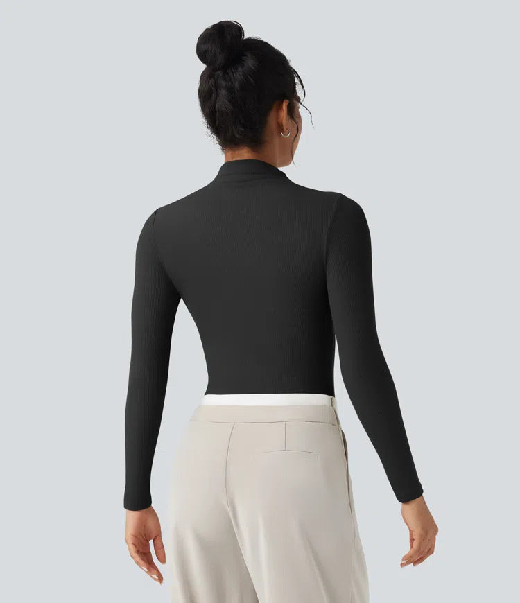 Ribbed Knit High-neck Cut-out Long Sleeve Skinny Work Bodysuit