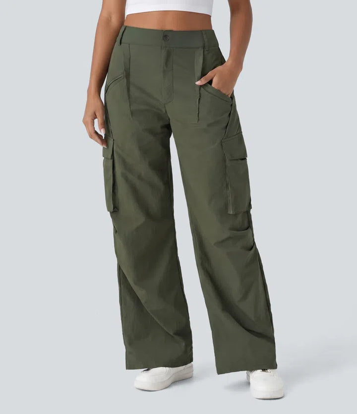 Mid Rise Button Zipper Side Pocket Wide Leg Baggy Casual Cargo Pants