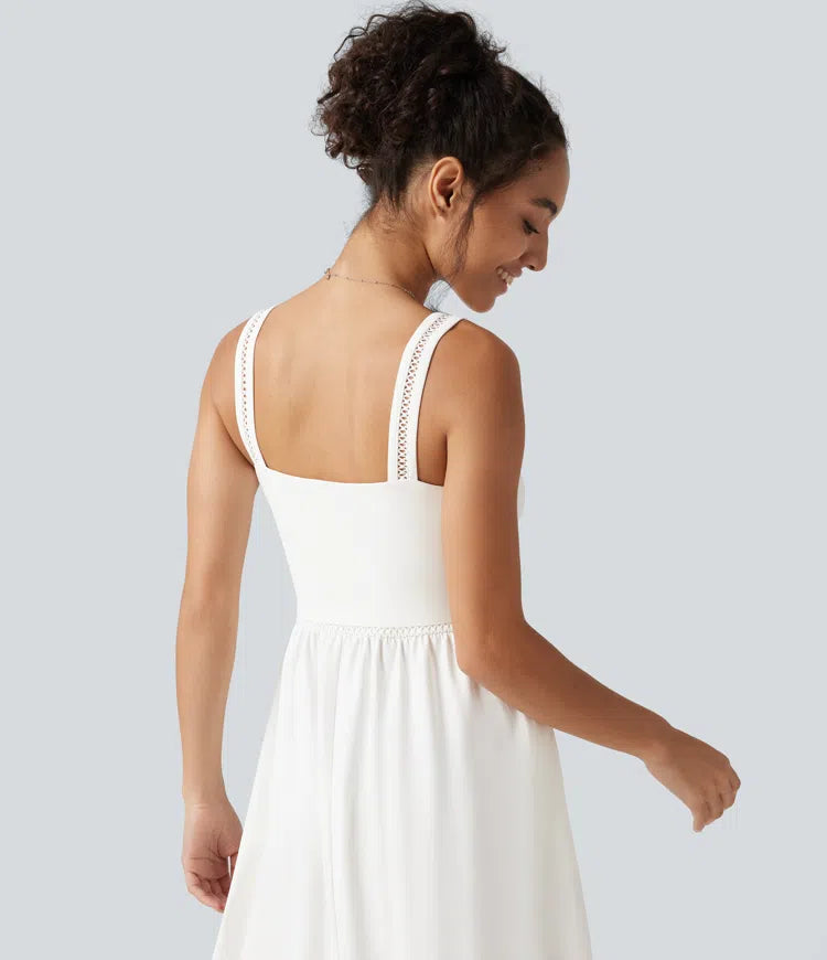 Square Neck Cut Out A-Line Flowy Midi Resort Tank Dress with Pockets
