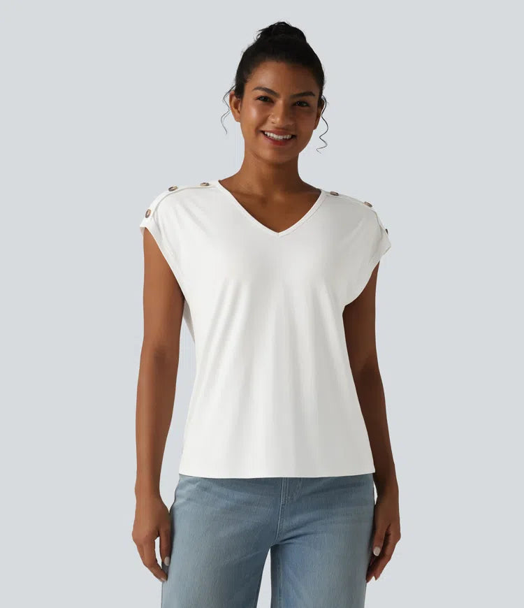 V Neck Decorative Button Cap Sleeve Relaxed Casual T-Shirt