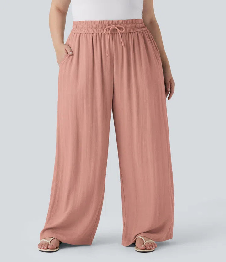 High Waisted Drawstring Linen-Feel Wide Leg Casual Plus Size Pants with Pockets