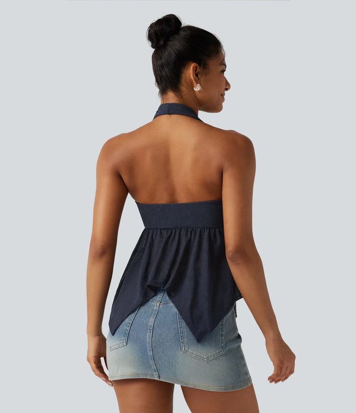 Halter Backless Ruffle Hem Built-in Bra Casual Lace Blouse