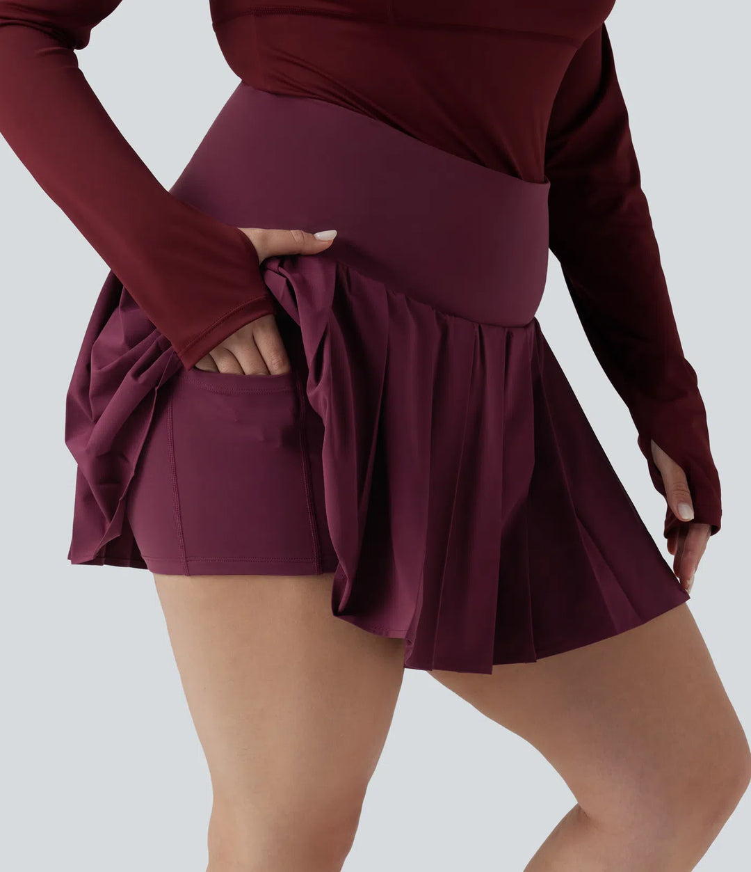 Plus Size Breezeful High Waisted Pleated 2-in-1 Asymmetric Hem Quick Dry Mini Yoga Skirt with Pockets