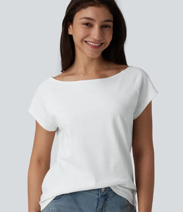 Boat Neck Short Sleeve Casual Pima Cotton T-Shirt
