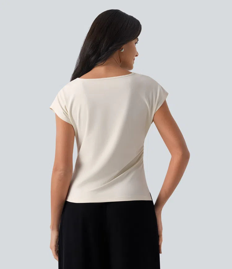 Asymmetric Cowl Neck Short Sleeve Ruched Split Hem Work Blouse
