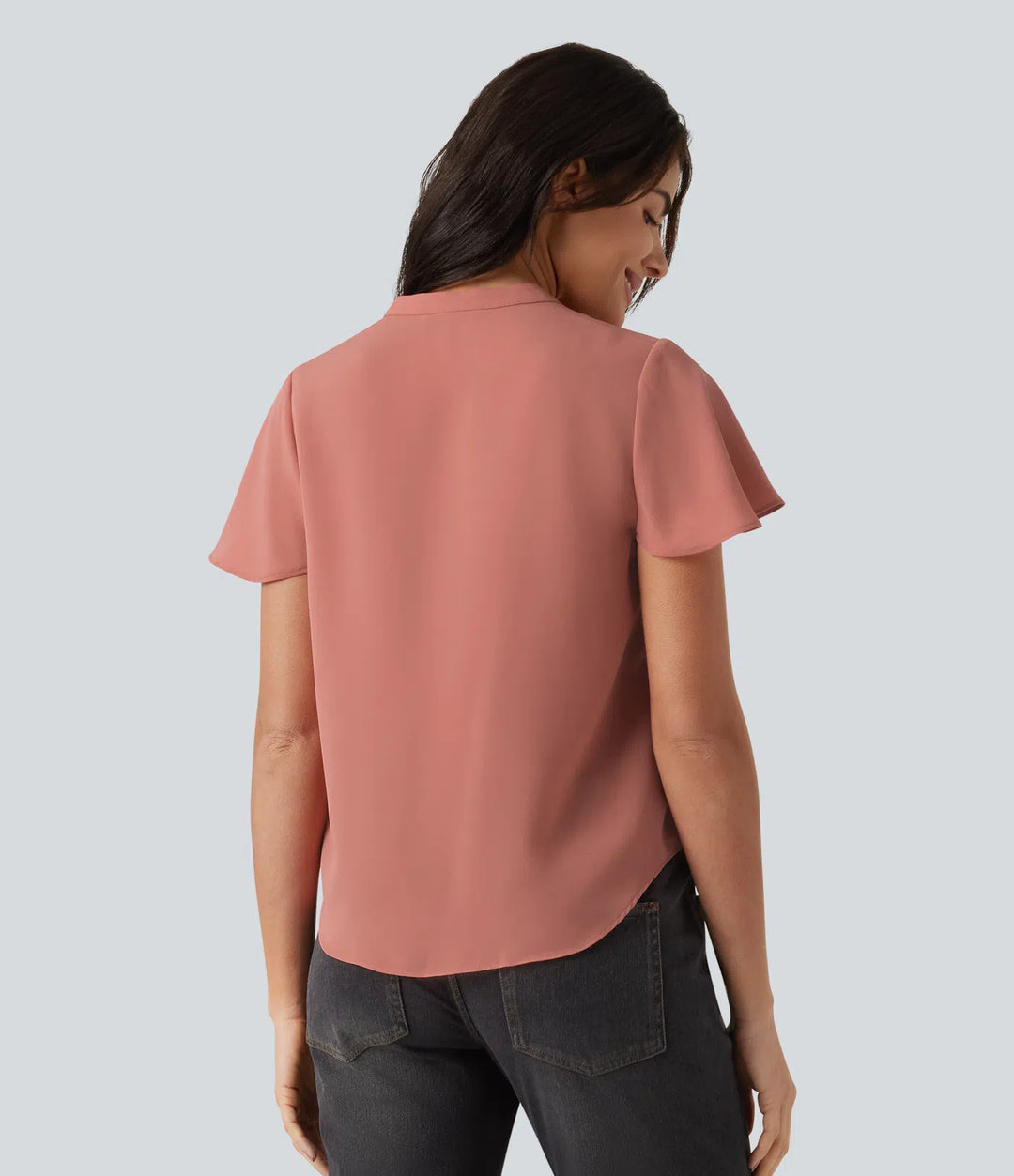 V-neck Flounce Sleeve Curved Hem Casual Blouse