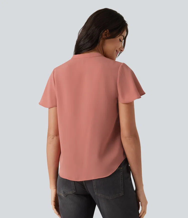 V-neck Flounce Sleeve Curved Hem Casual Blouse