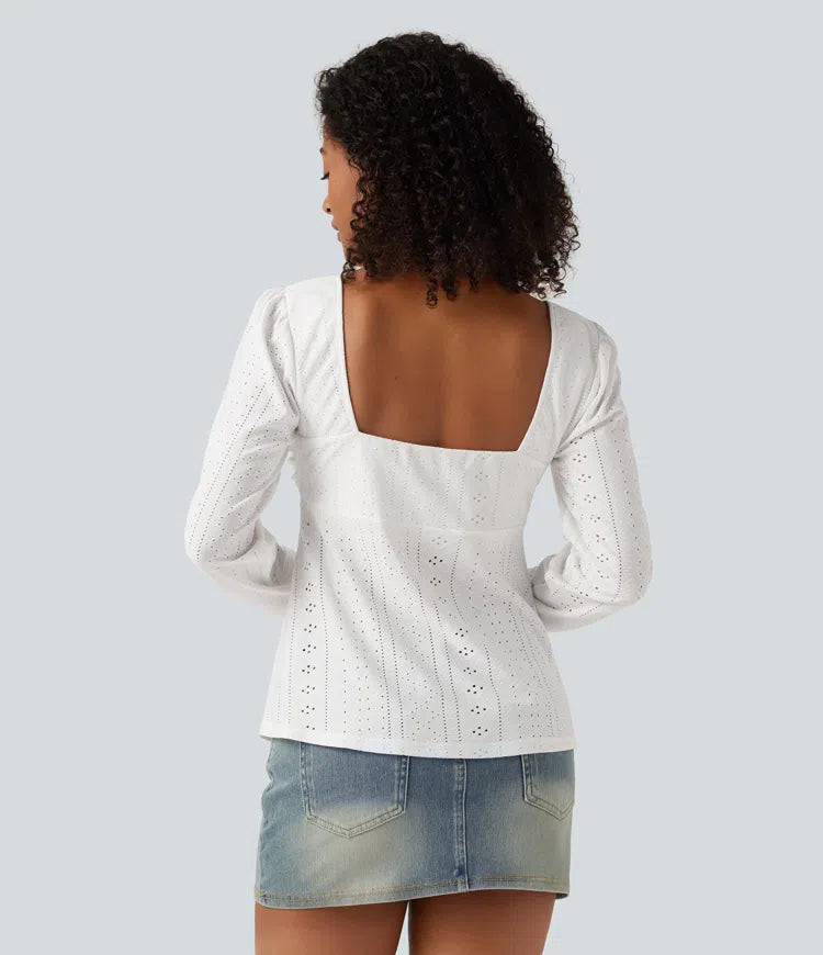 Sweetheart Neck Long Sleeve Lace Up Built-in Bra Eyelet Casual Top