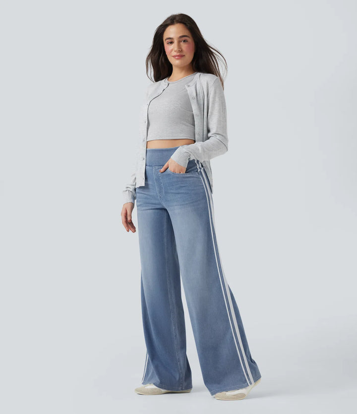 Halara Flex High Waisted Stripe Wide Leg Flowy Washed Casual Jeans with Pockets