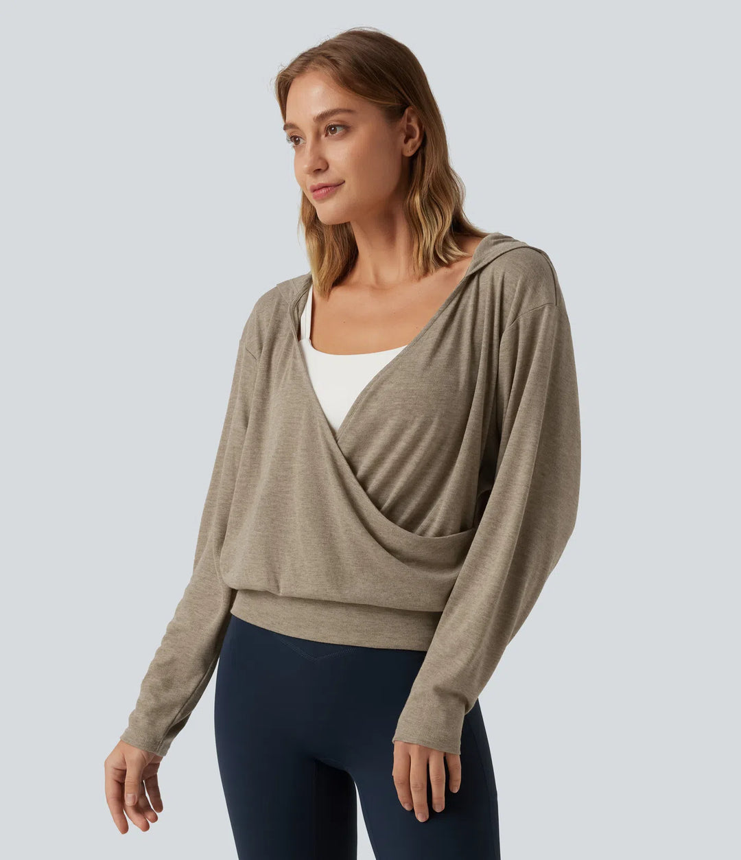 Hooded Dropped Long Sleeve Crossover Wrapped Yoga Sports Top