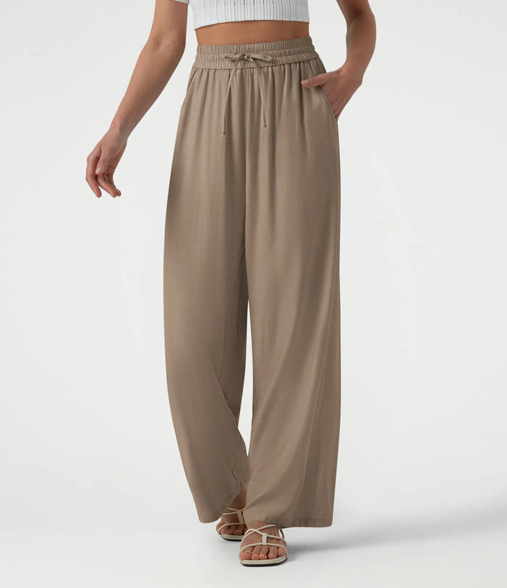 High Waisted Drawstring Wide Leg Casual Linen-Blend Pants with Pockets