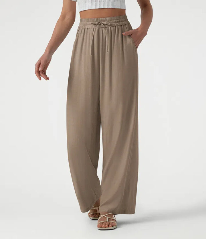 High Waisted Drawstring Wide Leg Casual Linen-Blend Pants with Pockets