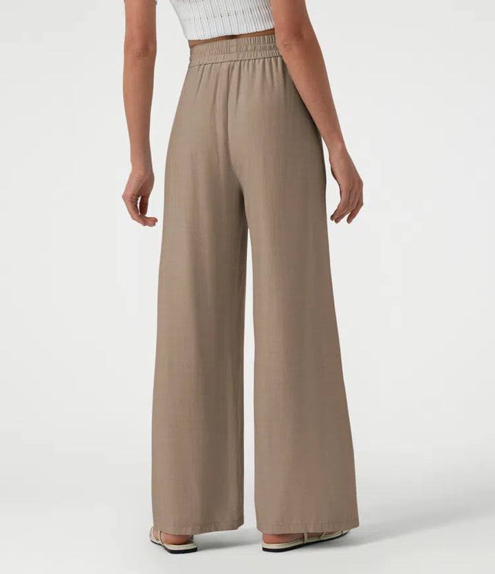 High Waisted Drawstring Wide Leg Casual Linen-Blend Pants with Pockets