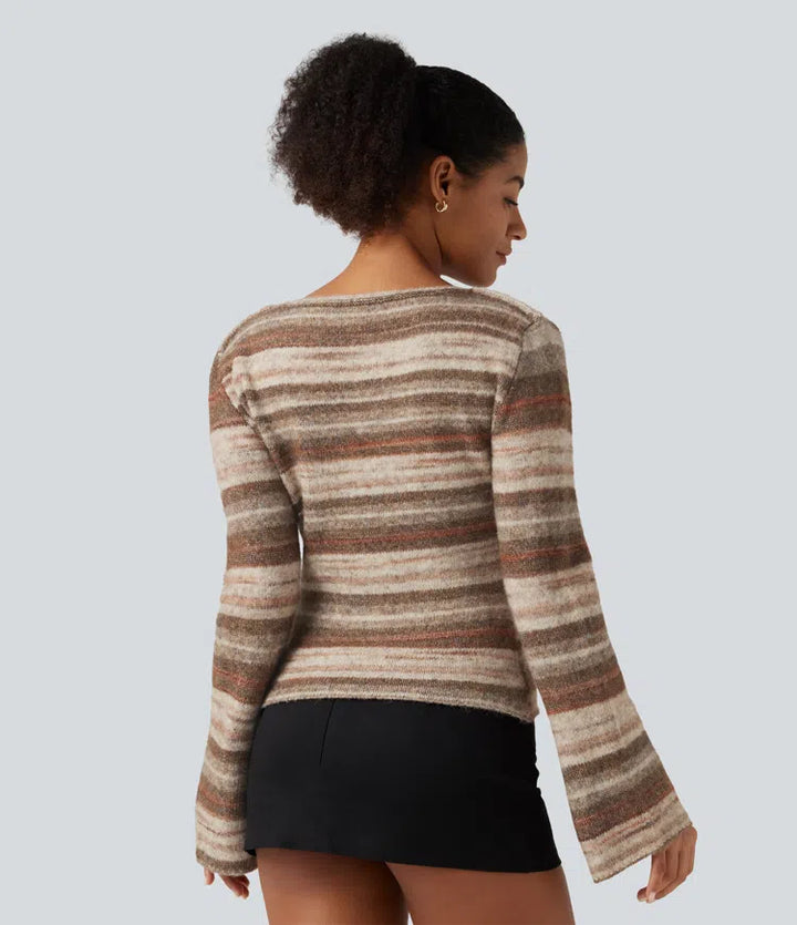 Boat Neck Bell Long Sleeve Gradient Stripe Oversized Casual Sweater