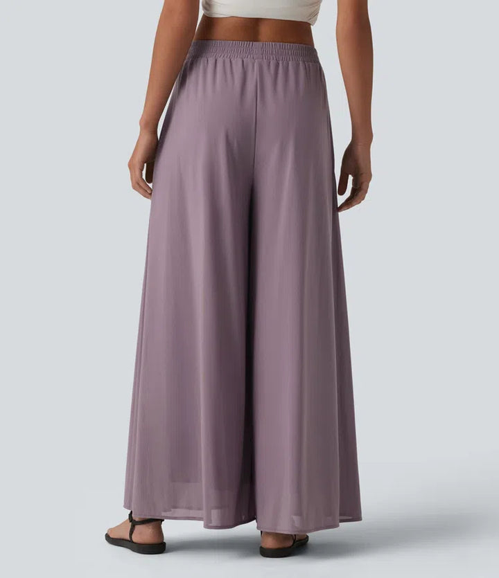 High Waisted Pocket Mesh Overlay Wide Leg Casual Pants
